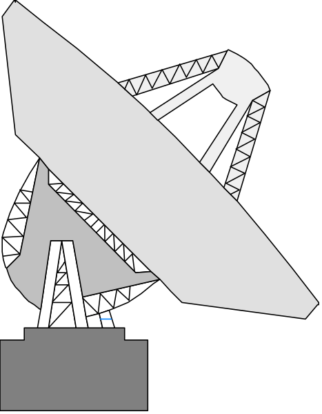 The black and white illustration shows a satellite dish with an attached antenna on top of it against a dark background.