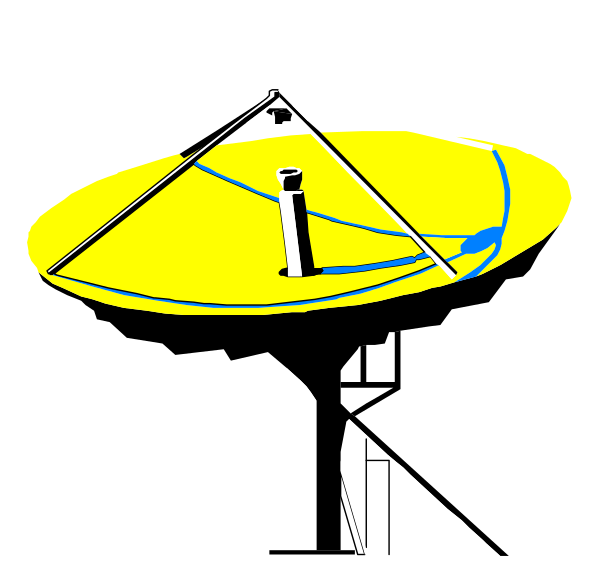 The image shows a satellite dish with an antenna on top of it against a black background.