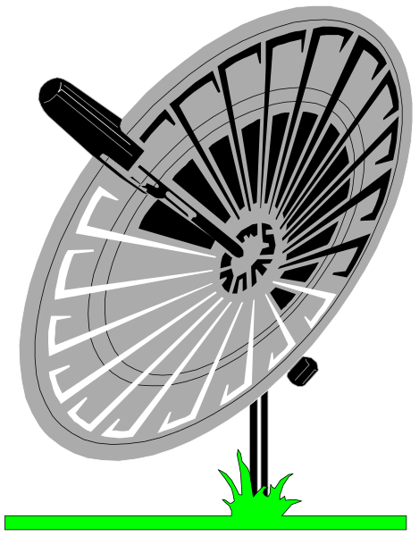 The black and white illustration shows a satellite dish with its antenna pointing upwards to an unseen object above it.
