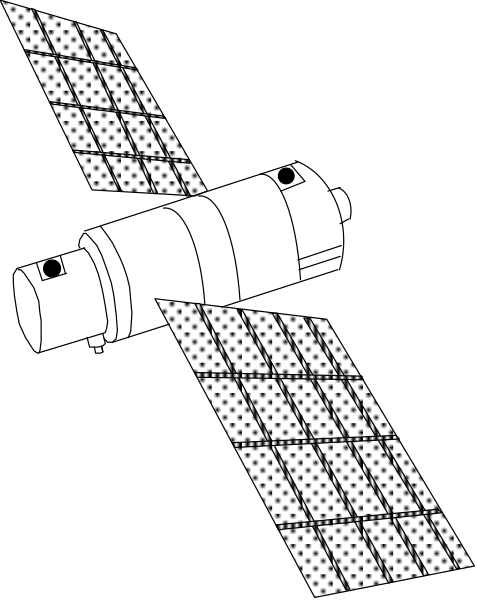 The image shows a black space with two white rectangles resembling solar panels on either side of what appears to be an inverted satellite dish at its center.