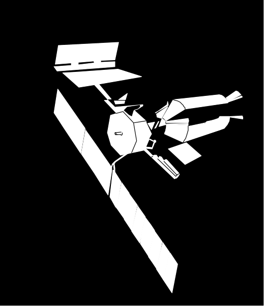 The black and white silhouette of a space shuttle with an astronaut inside it on top of what appears to be a launchpad in front of a satellite dish.