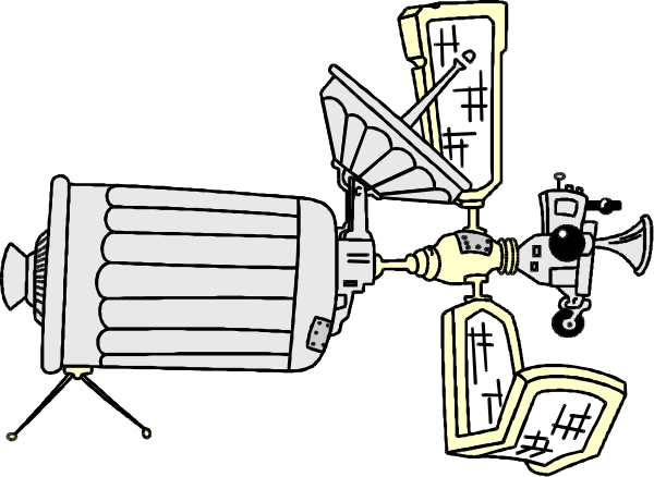 The black and white illustration shows a space shuttle with its doors open on an alien planet surface at nighttime under a starry sky.