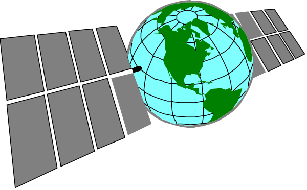 The image shows a satellite with an Earth globe on it against a black background; there is no text present.