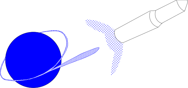 The image shows a black background with three white silhouettes: an astronaut on top of what appears to be Earth in space; two planets next to each other at bottom left corner; and a rocket ship above them, all depicted as clip-art style illustrations.
