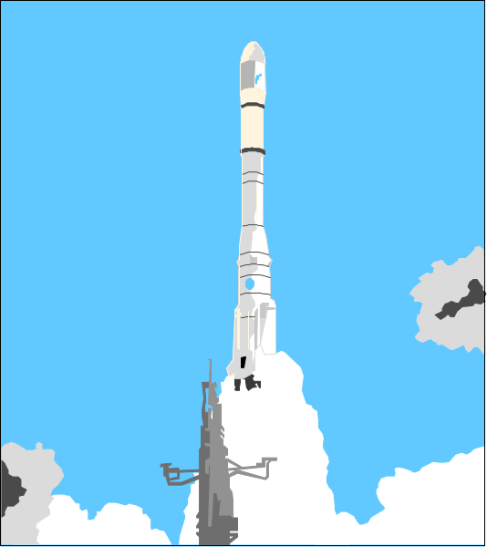 The image shows a rocket launching from an airfield with clouds above it against a blue sky background.