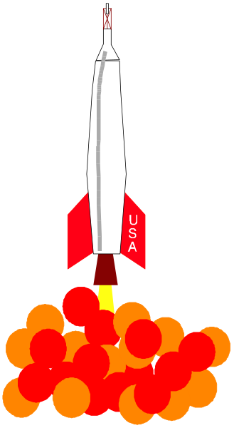 The image shows a cartoon rocket with an American flag on it flying over red balloons that resemble bombs; there is no text present in this clip-art illustration.