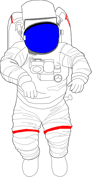 The image shows a cartoon astronaut standing upright against a black background with white lines that resemble spacecraft details on its suit.