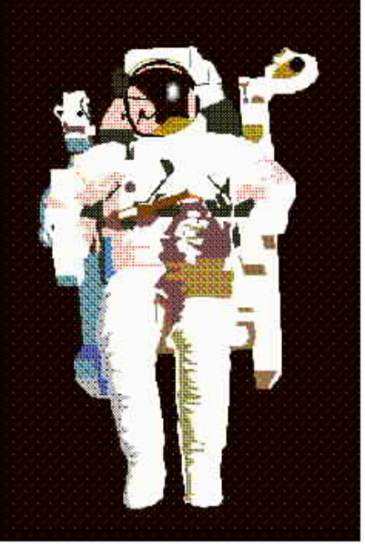 The image shows a pixelated astronaut standing next to an alien spacecraft with various details on it such as windows, antennas, and what appears to be writing in another language.