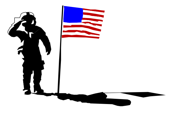 The flag of the United States on a black background with an American Gothic statue silhouette below it.
