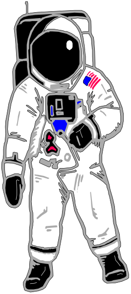 The black and white illustration shows an astronaut standing upright with a camera held to their chest while wearing a space suit that has American flag patches on it.