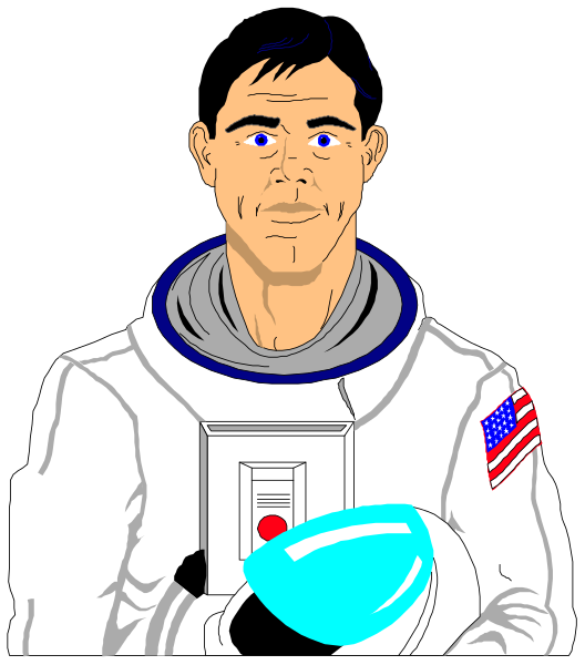 The image shows a cartoon of an astronaut holding up his helmet with both hands while standing on what appears to be Earth's surface against a black background.