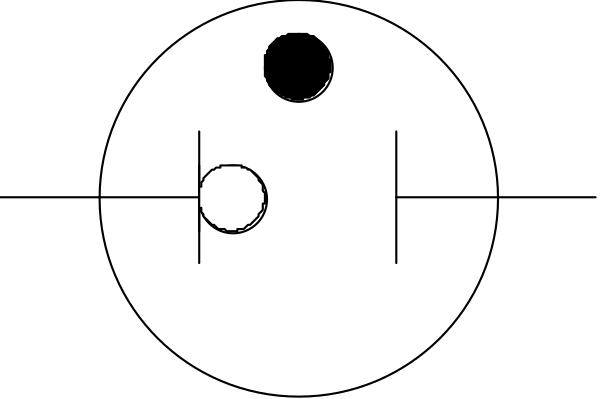 The image shows a black space with two white dots representing celestial bodies against an indistinct background that could be interpreted as night sky.