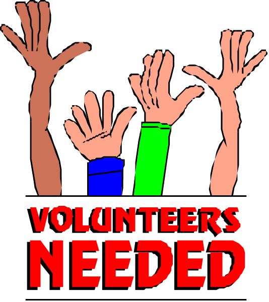 The image shows a graphic with hands raised up forming an outline of four human figures against a black background; above them is text that reads "VOLUNTEERS NEEDED."