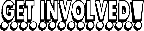 The image shows a black text on white background that reads "GET INVOLVED" with an emphasis on each letter being larger than the last one in size.