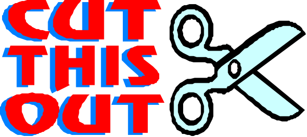 The image shows a pair of scissors with red handles cutting through what appears to be paper labeled "this is out".