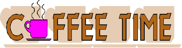 The image shows a cartoon of coffee cup with steam rising from it above text that reads "coffee time."