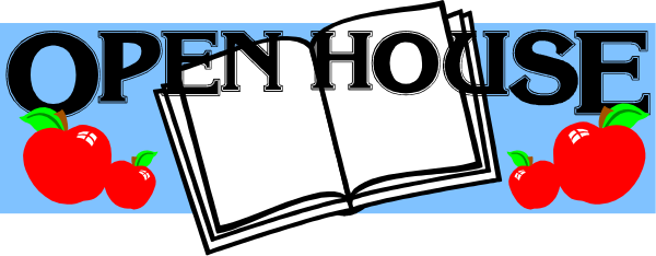The image shows a banner with text that reads "OPEN HOUSE" atop it, followed by an illustration of two open books on either side against a backdrop featuring red apples in various positions; below this is another line of text reading "SATURDAY 10AM-2PM." There are no people or animals depicted. The setting appears to be indoors and the style suggests it's an advertisement for an event, possibly related to a book sale at an apple farm during daylight hours on Saturday morning.