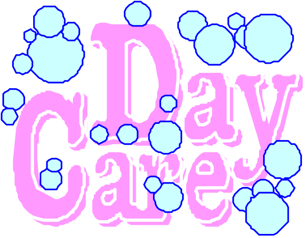 The image shows a graphic with bubbles that say "day care" on it against a pink background.