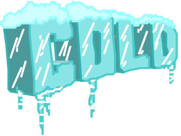 The image shows a stylized graphic of an iceberg with text on it that reads "COOL" atop the icy surface in bold letters; below this is another word "COLD," also written in large, capitalized font but colored blue and partially obscured by icicles dripping from above. There are no people or animals visible within the image's frame. The setting appears to be a simplified representation of an iceberg with varying shades of gray indicating different levels beneath the surface; there is also some text that reads "COLD" in blue, which seems