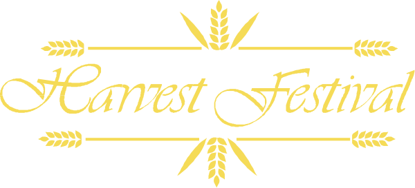 The image shows a graphic with text that reads "HARVEST FESTIVAL" inside an oval border decorated with wheat sheaves at each corner; it is stylized in gold on a dark background, giving off a vintage feel.