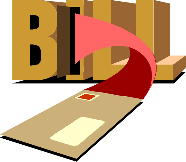 The image shows a stylized graphic with text that reads "BILL" at the top right corner of an envelope-like shape in red font on a white background. Below this is another word "MONEY," also written in bold, black letters against a yellow banner across two brown boxes resembling cardboard or paper packages stacked vertically with one slightly overlapping the other. The overall style appears to be digital art and it seems like an advertisement for billing services related to money management or financial transactions.