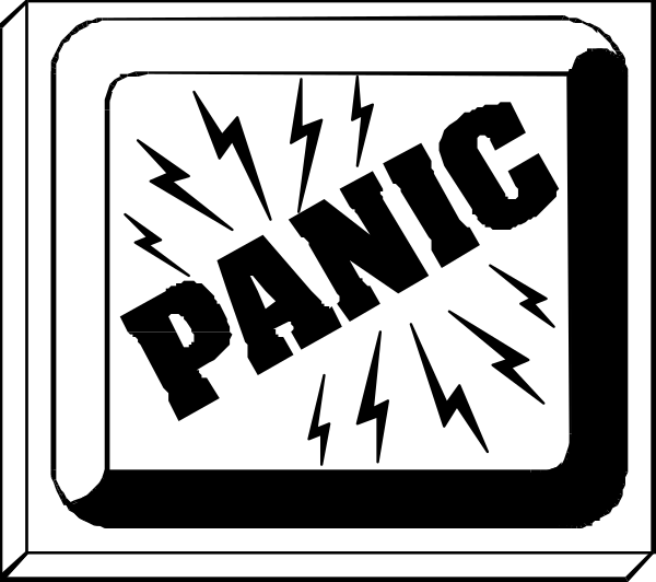 The black and white illustration shows a panic button with an explosion graphic around it on top of what appears to be a computer monitor screen displaying "PANIC" in bold letters at its center.