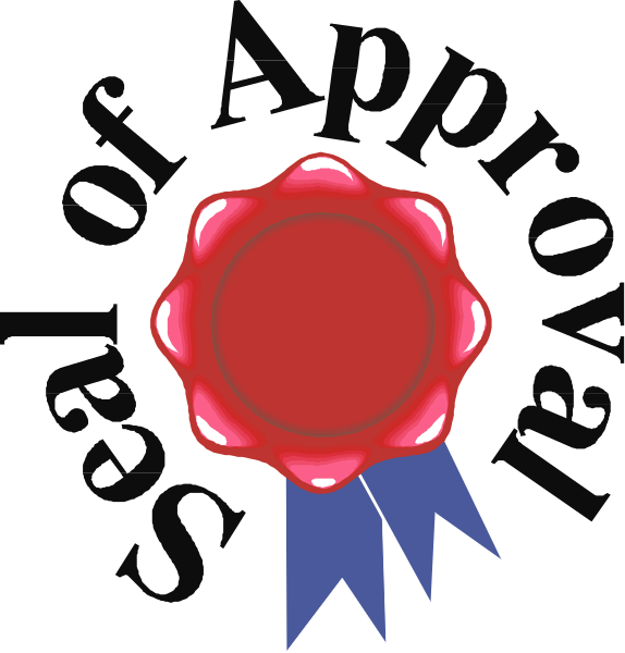 The image shows a red seal with blue ribbons on either side of it against white background.