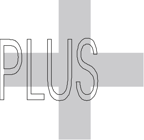 The image shows a black cross on top of another white plus sign with text that reads "PLUS" above them both in bold letters against a dark background.