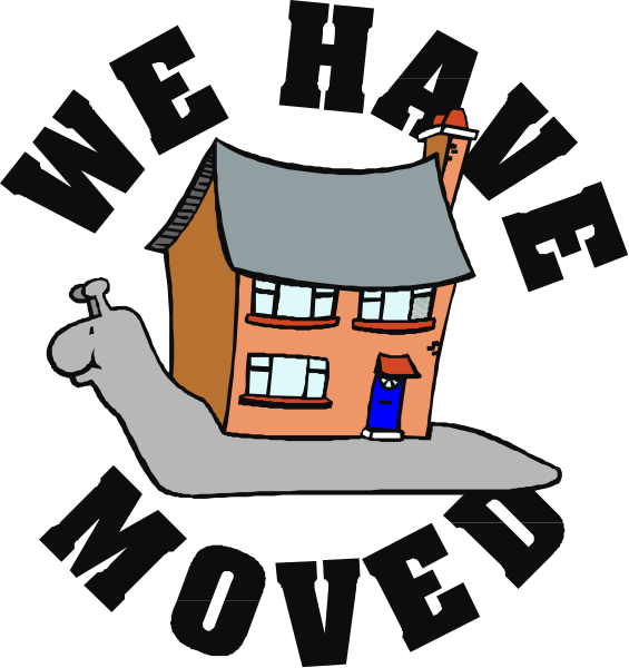 The image shows a cartoon of an orange house with two windows on top, situated above a black slug that is labeled "we have moved."