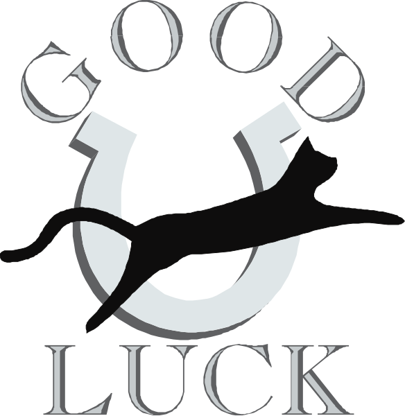 The image features a black cat with white paws inside an oval shape on top of what appears to be a horse shoe symbolizing luck in racing culture. Below this emblem is text that reads "GOOD LUCK" and beneath it, another line says "Luck."