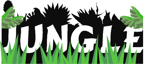 The image shows a graphic with text that reads "JUNGLE LEVEL" on top of an illustration depicting green foliage at the bottom edge against which white letters spell out "jungle level."