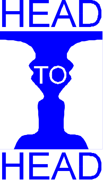 The image shows a graphic with text that reads "HEAD TO HEAD" at the top of two silhouettes facing each other against a blue background on the left side; there is also an additional line of white text below it, which says "TO THE SILHOUETTE ON THE RIGHT."
