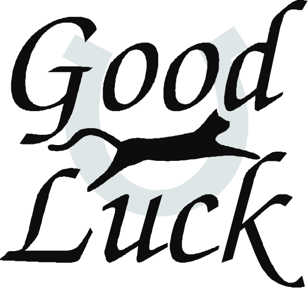 The image shows a black horse's head with an eye patch over its right eye inside of what appears to be a white circle on top left corner against a dark background; below it is text that reads "GOOD LUCK" in capital letters, and beneath this phrase are the words "HORSE RACE," indicating some form of equestrian event.
