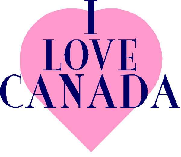 The image features a pink heart with text that reads "I LOVE CANADA" inside it against a blue background.