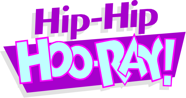 The image shows a stylized graphic with text that reads "HIP HOP HOORAY!" at the top in bold purple letters on a white background. Below this phrase is an illustration of two hands clapping together, and beneath them there's another line of pink text reading "HOO-RAY." The overall style suggests it could be part of a logo or promotional material for music events related to hip hop culture.