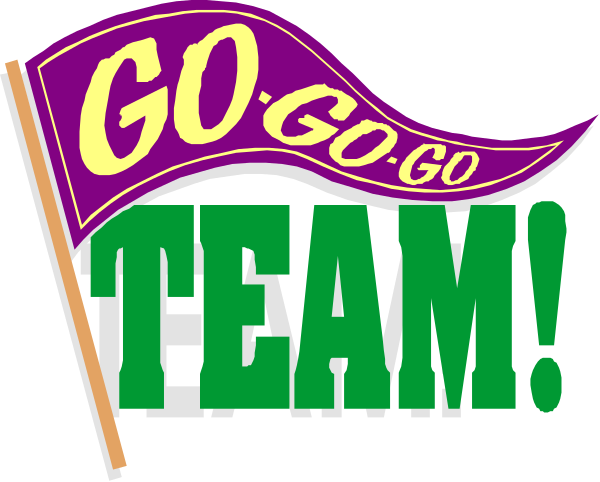 The image shows a purple flag with "GO GO" written on it attached to two poles that have flags hanging from them; one says "GOTO TEAM!" in white letters against a green background, and another has an exclamation mark inside of quotations marks next to the word "TEAM!".