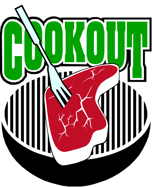 The image shows a graphic with text that reads "COOKOUT" at the top right corner of an illustration featuring a steak on its side next to what appears to be a fork piercing it from above, and below is another piece of meat labeled as pork ribs or BBQ.