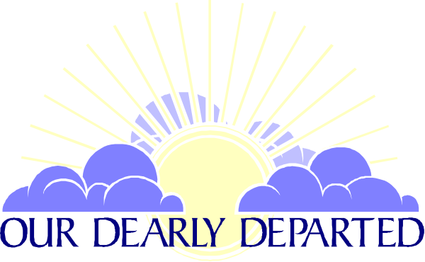 The image shows a stylized graphic of an evening sky with clouds at sunset featuring rays emanating from behind them in shades of blue to purple-blue gradient tones; there is also text that reads "YOUR DEARLY DEPARTED" and the word "DEAREST."