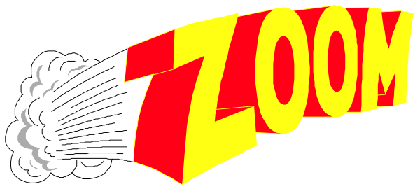 The image shows a comic book sound effect with text that reads "ZOOM" above an arrow pointing to its right side where there is another word in bold letters reading "BOOOM."