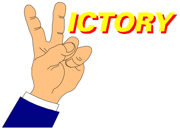 The image shows a cartoon of two hands with fingers forming peace signs against a black background; above each hand is text: "VICTORY" in bold white letters on top left corner and "PEACE" below it, both superimposed over an illustration that resembles the American flag.
