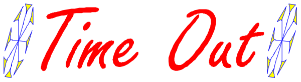 The image shows a sign with text that reads "TIME OUT" on it against an abstract background of blue lines forming geometric shapes in various directions.