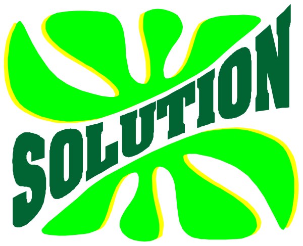 The image shows a graphic with text that reads "SOLUTION" prominently displayed at the bottom of an abstract design featuring green shapes resembling leaves against a dark background.