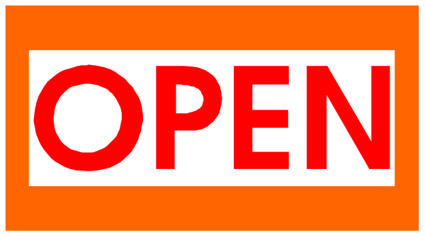 The image shows a red "open" sign with white text on it against an orange background.