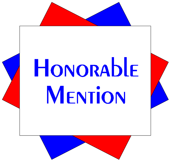 The image displays a logo with text that reads "Honorable Mention" on top of an abstract design resembling puzzle pieces in red, blue, white, black, and gray tones against a dark background.
