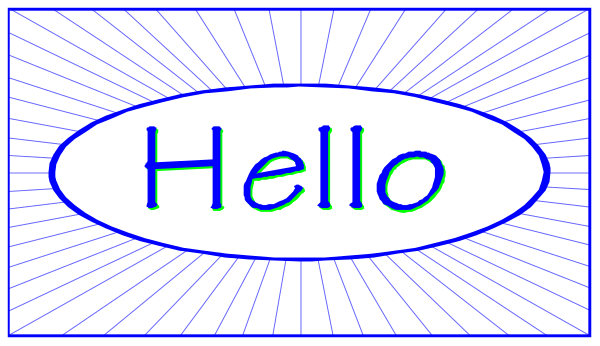 The image shows a blue sign with white text that says "hello" on it against an abstract background of lines and shapes in various shades of gray.