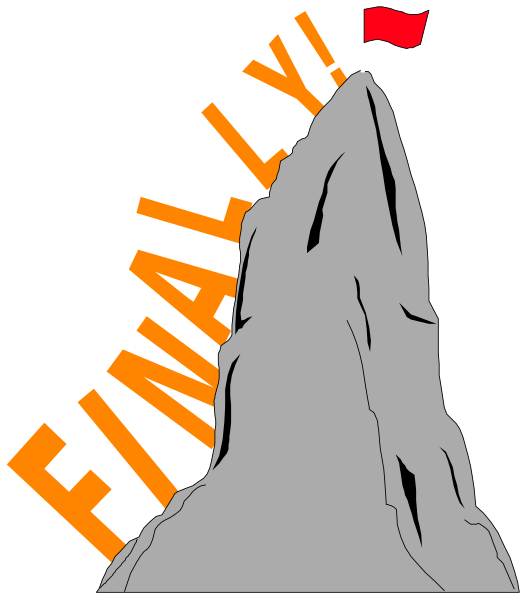 The image shows a cartoon of an orange flag on top of a gray rock with text that reads "FINALLY" in bold letters above it.