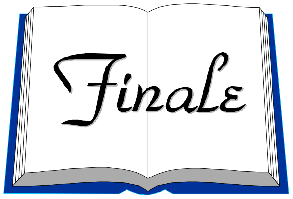 The image shows a book with an open cover displaying text that reads "FINALE" on top of it against a blue background; there is also another smaller version of this same scene in front of the larger one, creating a layered effect as if looking through pages or layers to see what's inside.