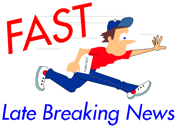 The image shows a cartoon of an animated man running with his arms outstretched towards two pieces of paper labeled "FAST" on one side and "LATE BREAKING NEWS LIVE" on another, suggesting that he is delivering news in real-time or live reporting style.
