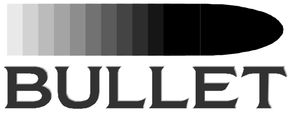 The text "BULLET" on a gray background with pixelated edges around it is shown at an angle against another image that appears to be of a bullet in motion but obscured by this overlaying graphic, making its details indistinguishable.