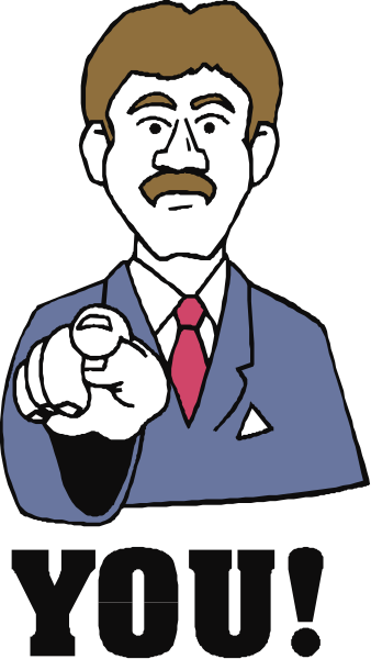 The image shows a cartoon of an animated man with mustache pointing to his right side while standing behind a podium in front of microphone on stage.